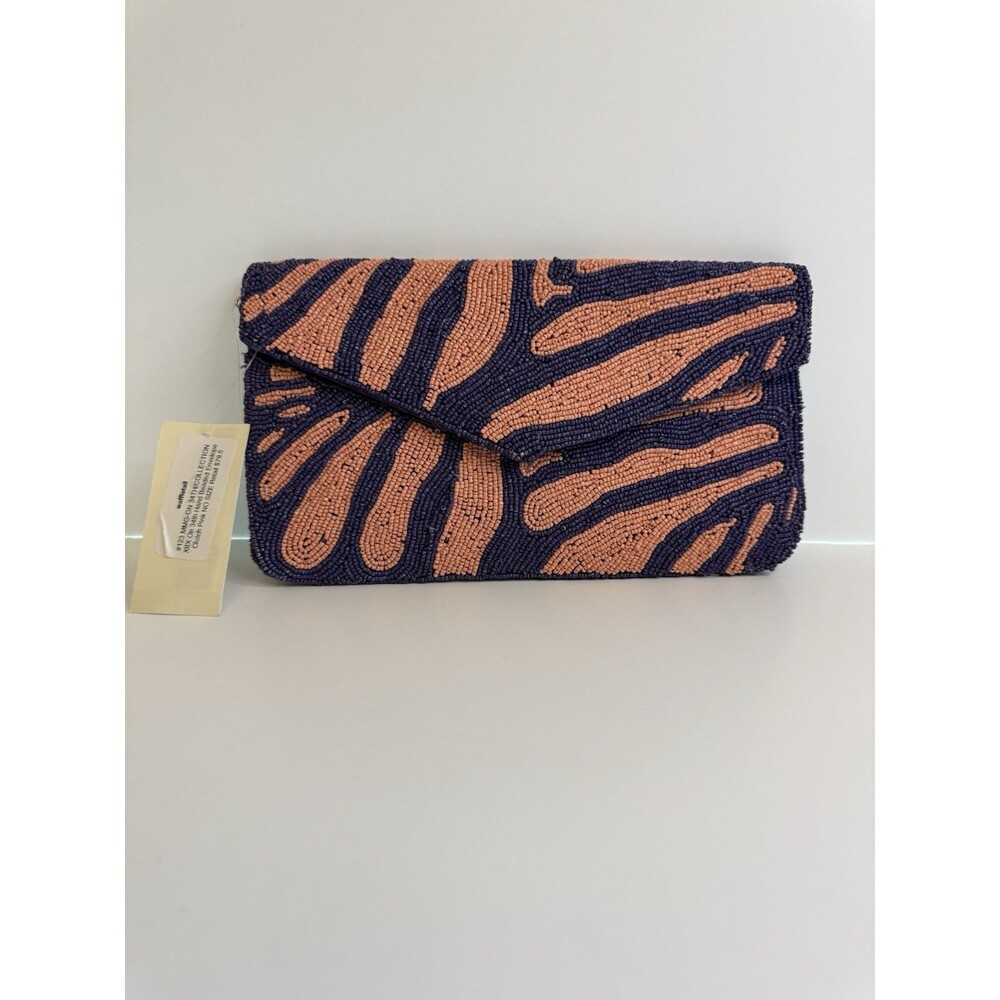 On 34th hand-beaded envelope clutch -navy and coral pink zebra stripe design